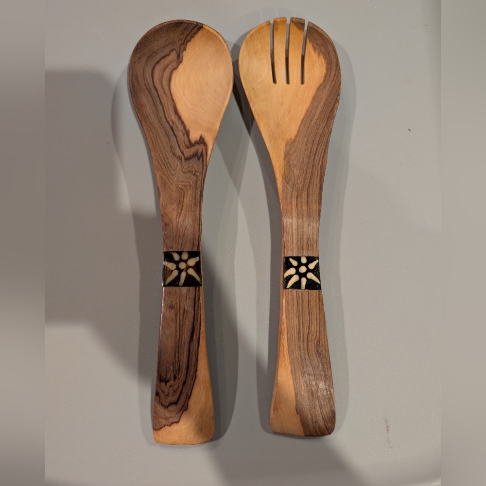 Olive Wood Salad Server Set with Hand Craved Floral Inlay